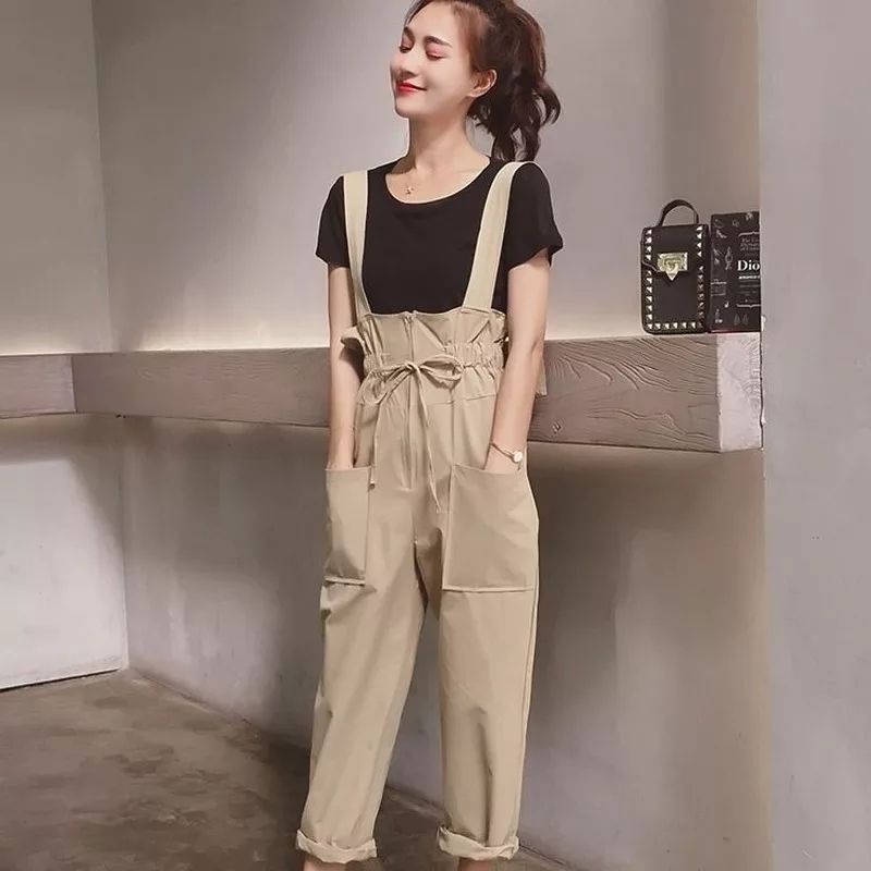 Jumpsuits Wanita Tinggi pinggang Kantong Tali Celana Serut