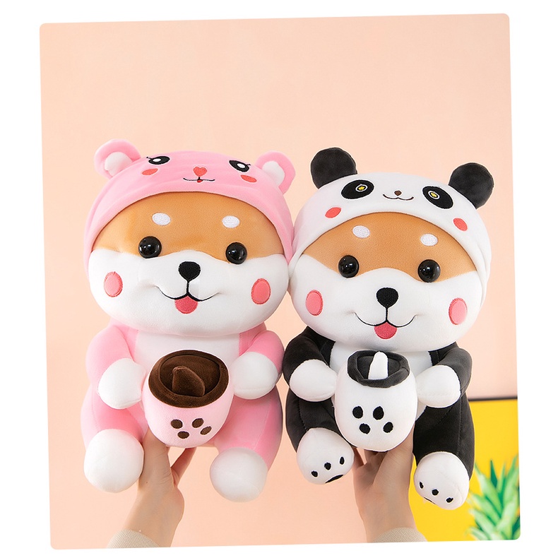 Boneka shiba pegang bubble tea costume lucu bahan plush