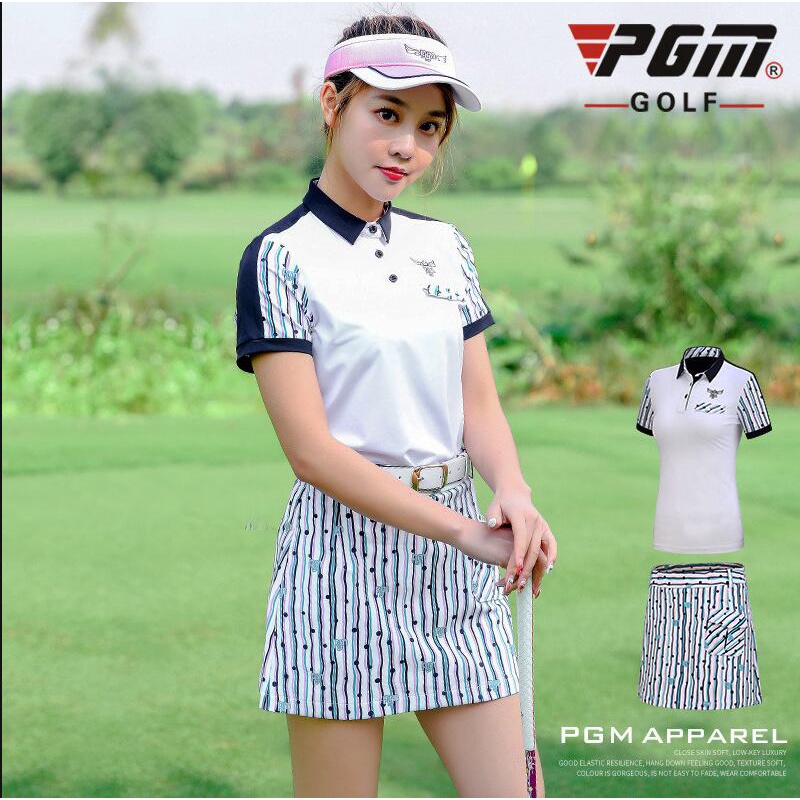 PREORDER Pgm Golf Wanita Pakaian Set Bergaris Pelangsing Golf Rok Lengan Pendek T-Shirt Wanita Rok