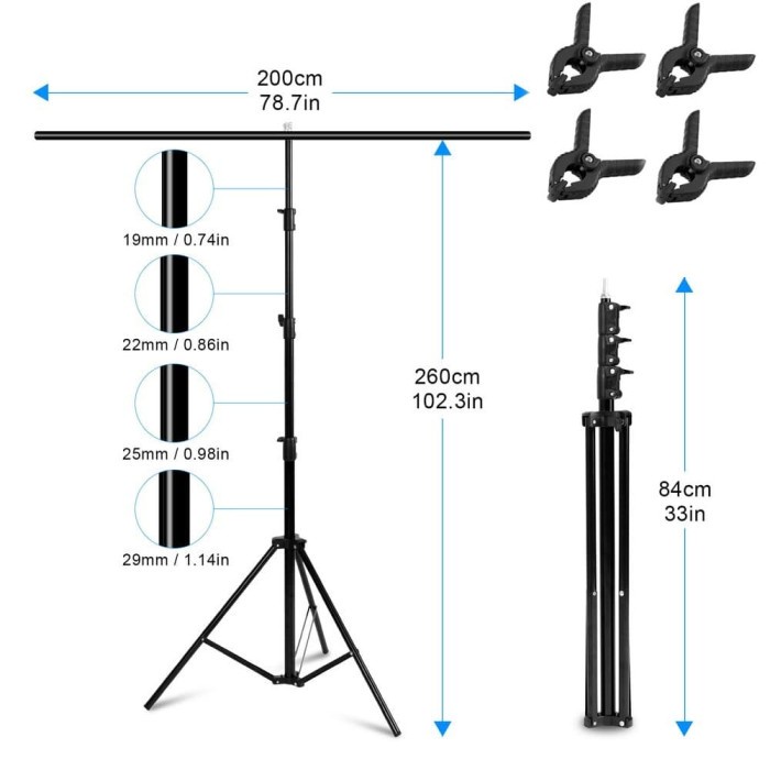 Stand Background Backdrop Photography T-Shape 200x260cm with 4 Clamp