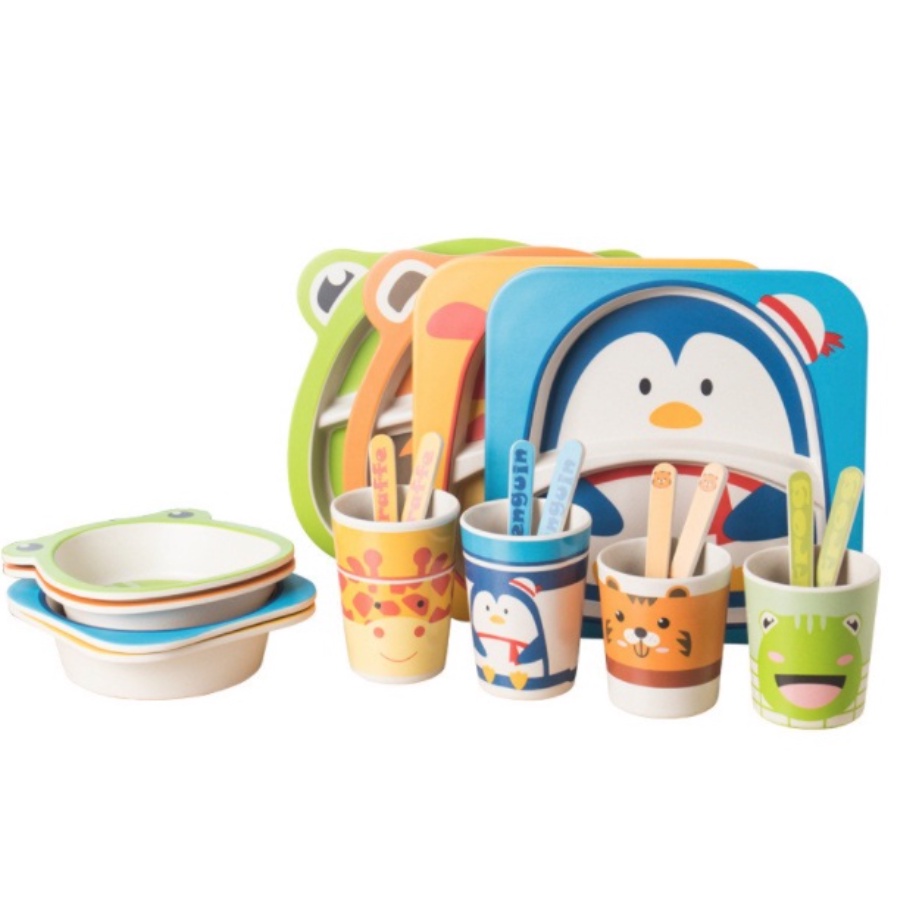 Peralatan Makan Anak Set 5 in 1 Bamboo / Peralatan Makan Bayi Piring Anak Set Sendok Garpu Gelas Mangkok Anak Variasi Desain