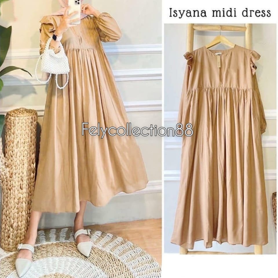 Isyana Midi Dress / Gamis Wanita Terbaru / Kekinian / Casual Dress Murah / Fashion Muslim