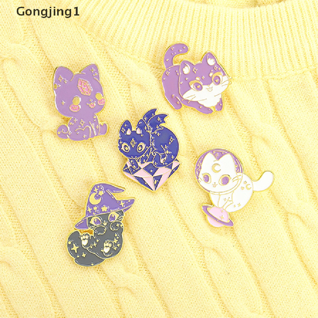 Gongjing1 Bros Pin Enamel Bentuk Kucing Ungu Dengan Topi Penyihir