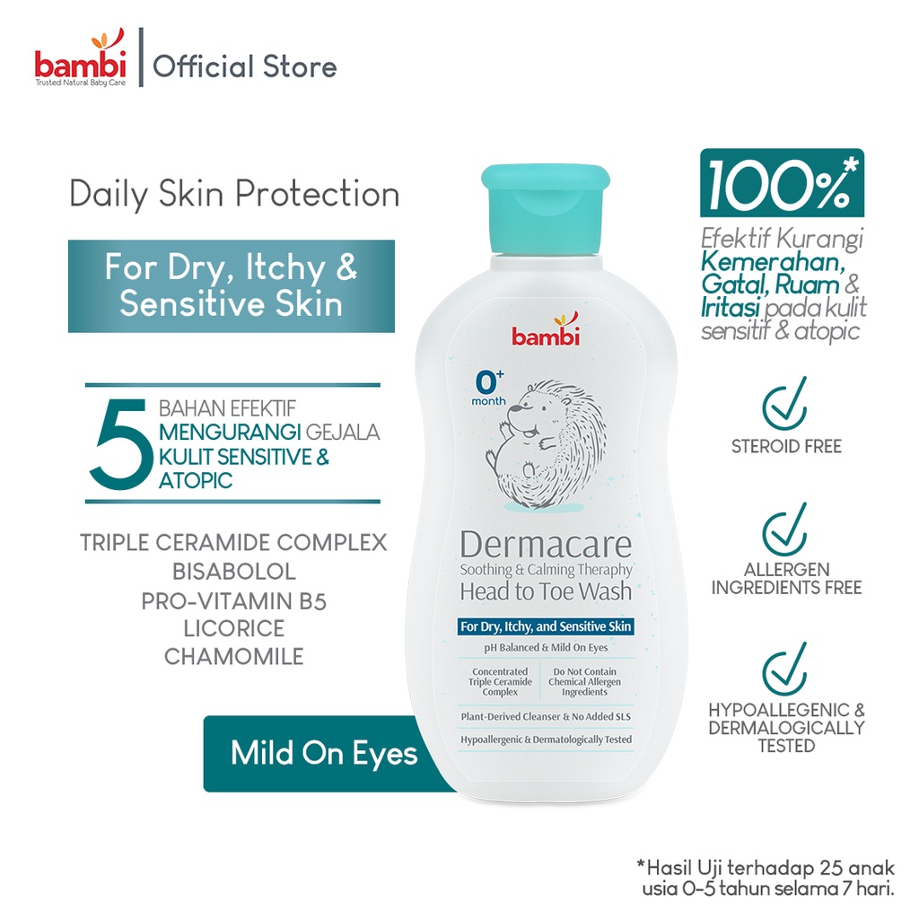 Bambi Baby Dermacare Daily Soothing &amp; Calming Therapy Head To Toe Wash 200ml | Sabun &amp; Shampoo Bayi Anak Khusus Kulit Atopic / Eczema / Eksim / Sabun Hypoallergenic | Sabun PH Balance Bayi