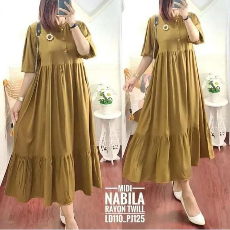 MIDI DRESS Nabila Wanita Dewasa Kekinian Terbaru PoPuler Viral Busui Polos Lengan Pendek