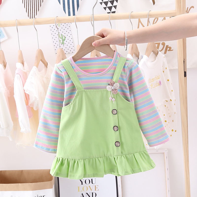 Dress anak perempuan jumpsuit / rok ruffle +lengan panjang motif garis garis gaun anak cewek lucu import-3