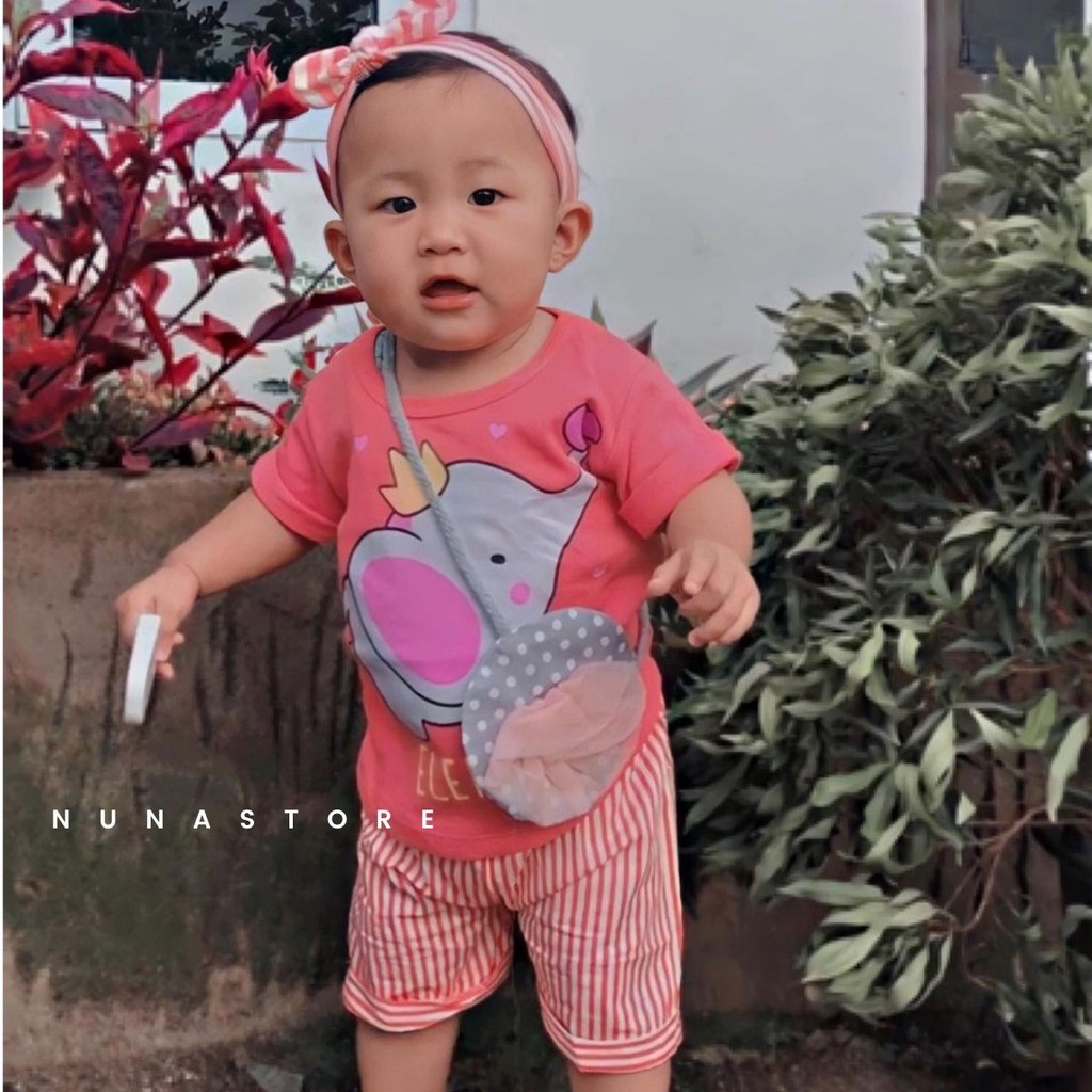 FILCO Motif Queen Elephant / Setelan Baju Celana Anak Bayi Perempuan usia 3 bulan - 12 bulan