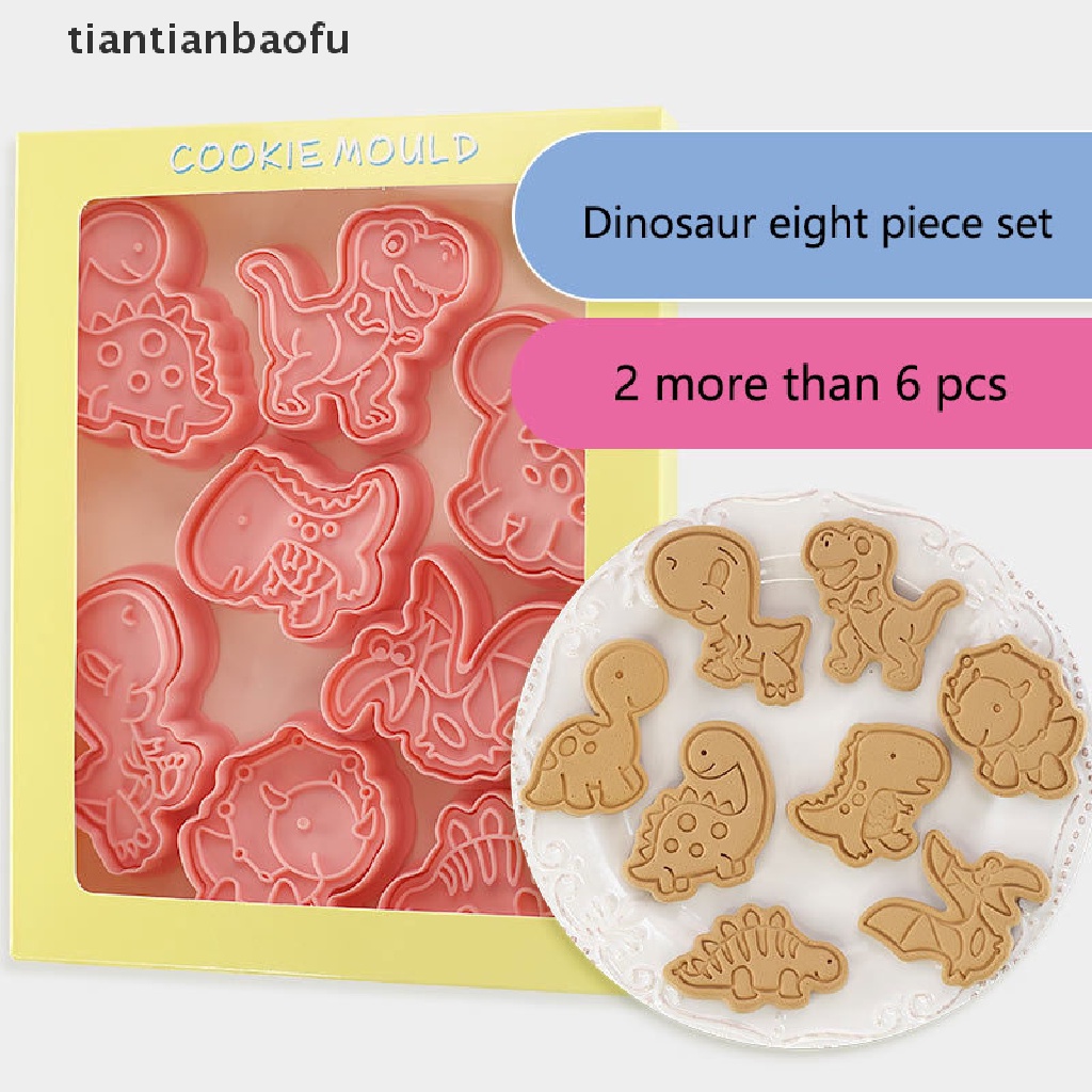 8pcs / set Cetakan Pemotong Biskuit Bentuk Kartun Dinosaurus 3D Bahan Plastik