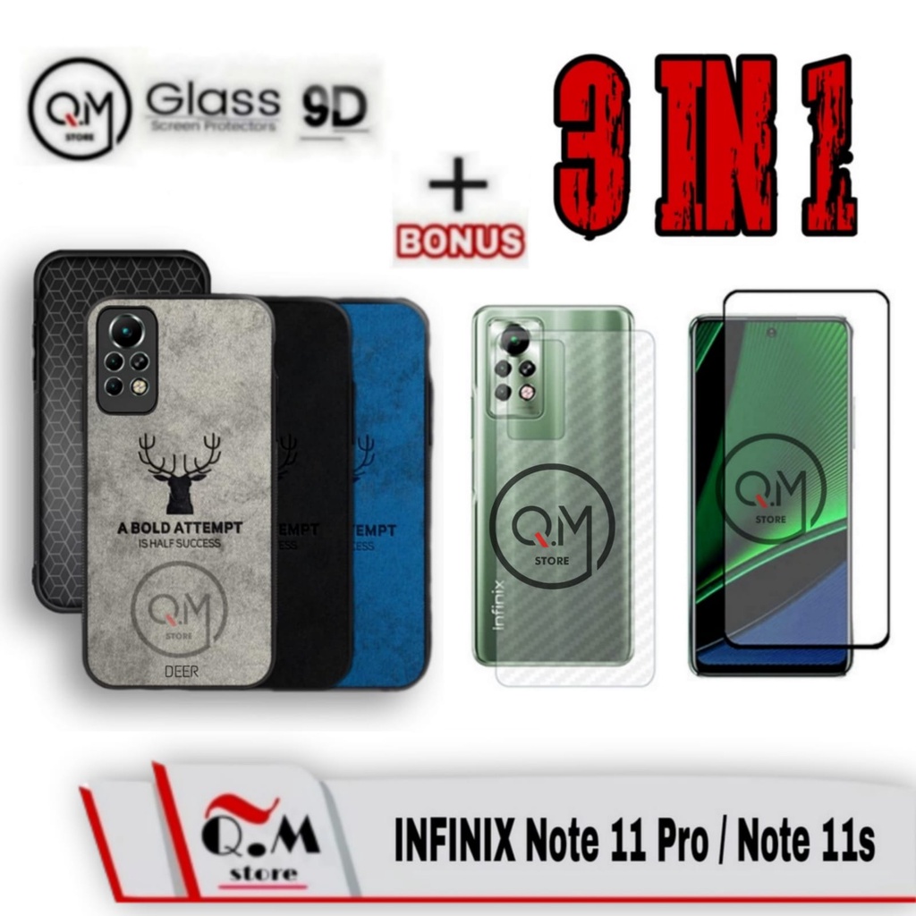 Paket 3 in1 Case Infinix Note 11 Pro / Infinix Note 11s Softcase Deer Pelindung Back Cover BONUS TEMPERED GLASS PLUS GARSKIN