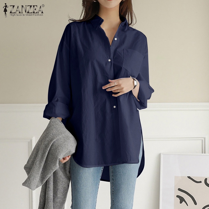 ZANZEA Women Casual Long Sleeve Loose Split Hem Plus Size Blouse