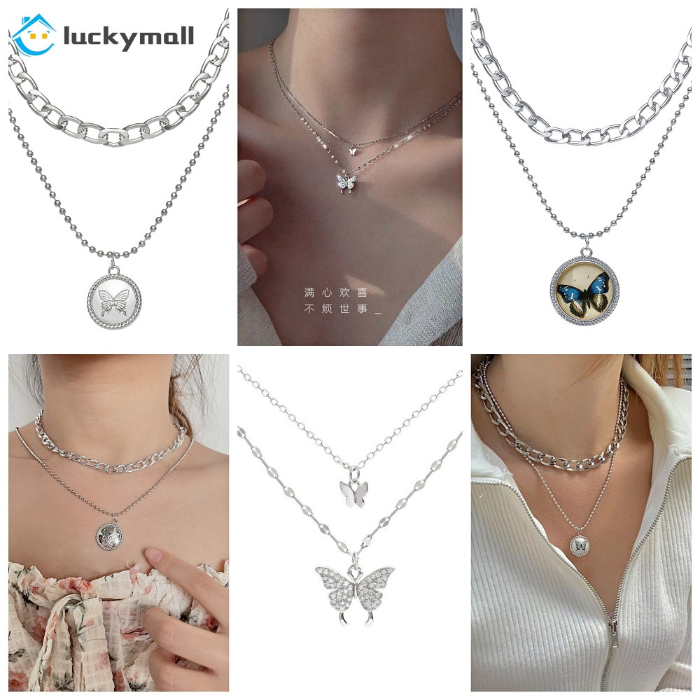 Kalung Choker Rantai Banyak Lapis Dengan Liontin Kupu-Kupu Warna Emas / Silver Untuk Wanita