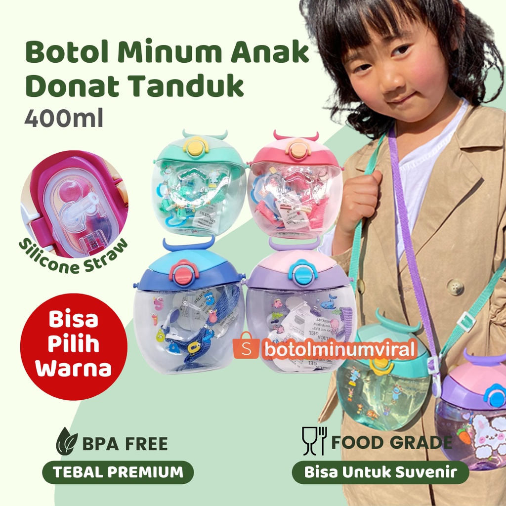 Botol Minum Balita Anak TK SD Sekolah Sedotan Tali Aquarium BPA Free Premium Tebal Warna Pink Ungu dan Tosca