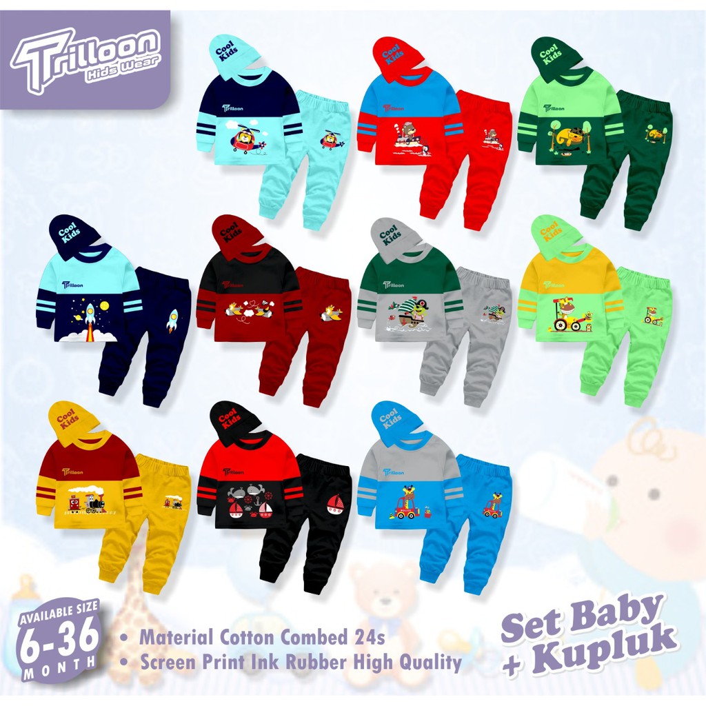 Setelan Kaos Anak Bayi Laki-laki Baby BOY Trilloon Bonus Kupluk size 6 bulan - 36 bulan - SBCO