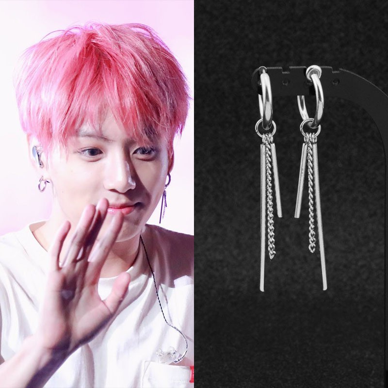 [Bayar Di Tempat]BTS Jung Kook Piercing Non-piercing Long Chain Stick Earring Stylish