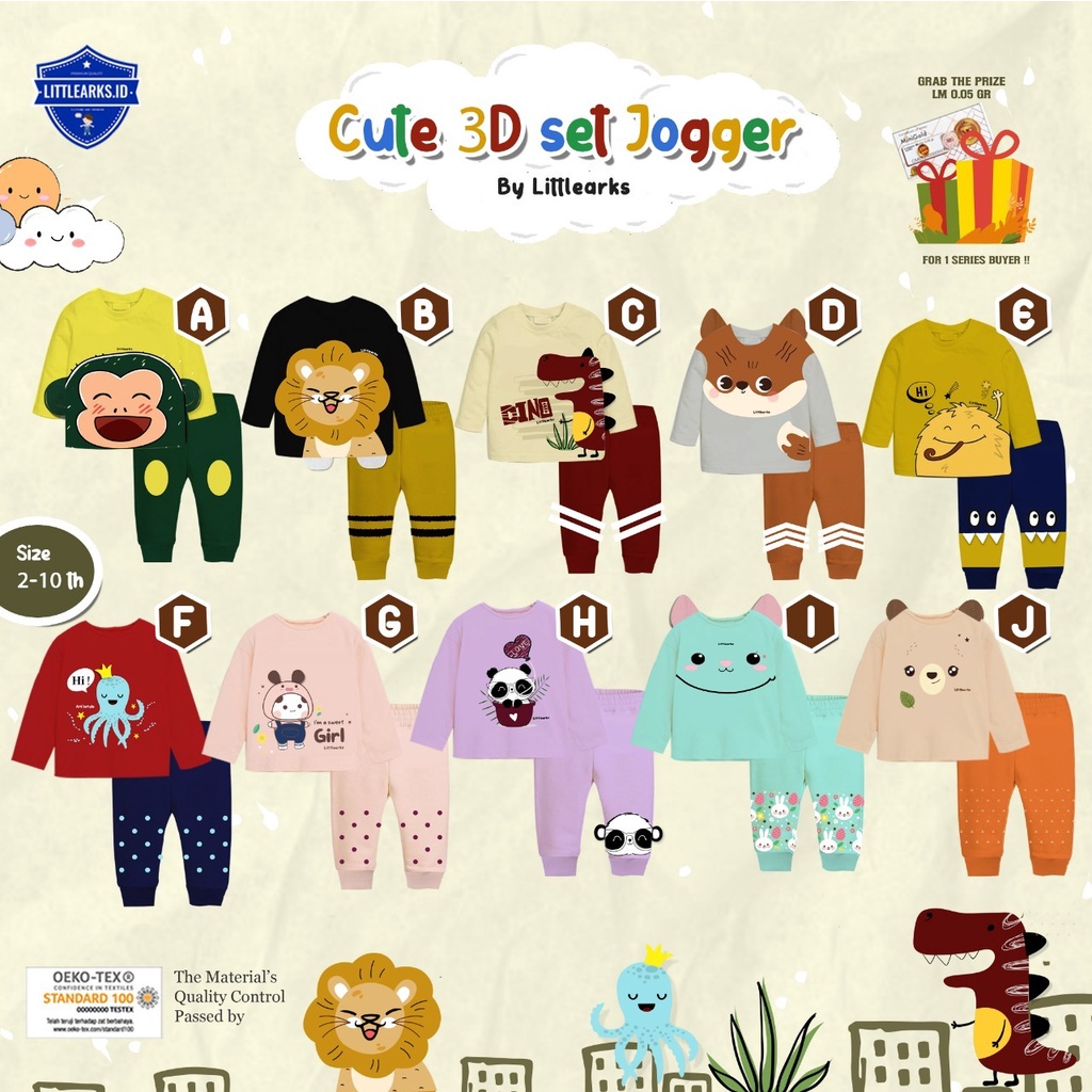 SETELAN ANAK BAJU ANAK UNISEX CUTE 3D ANIMAL 2-10 TAHUN