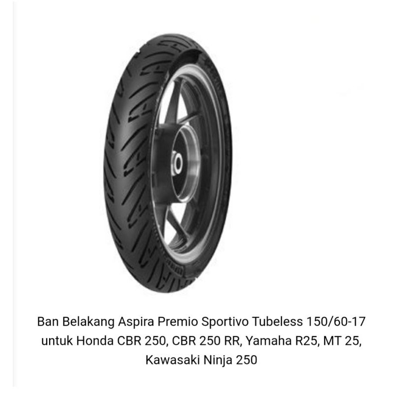 Ban Belakang Aspira Premio Sportivo Tubeless 150/60 - 17 untuk Honda CBR 250, CBR 250 RR, Yamaha R25