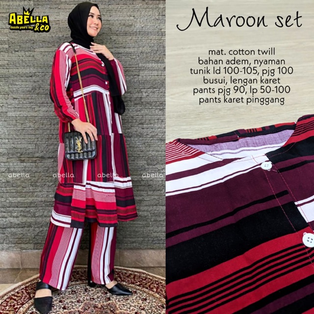 Maroon Setelan Tunik & Celana Katun Twill Motif Abstrak