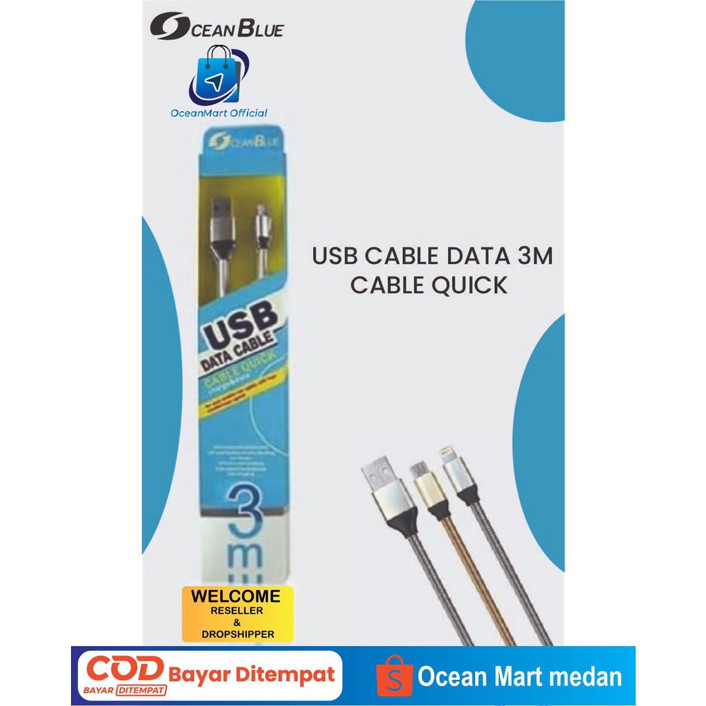 Kabel Data Charger iPhone 6 7 8 Plus Ocean Blue Cable USB Lightning Fast Charging 3M Aksesoris Handphone HP OCEANMART OCEAN MART Murah Grosir