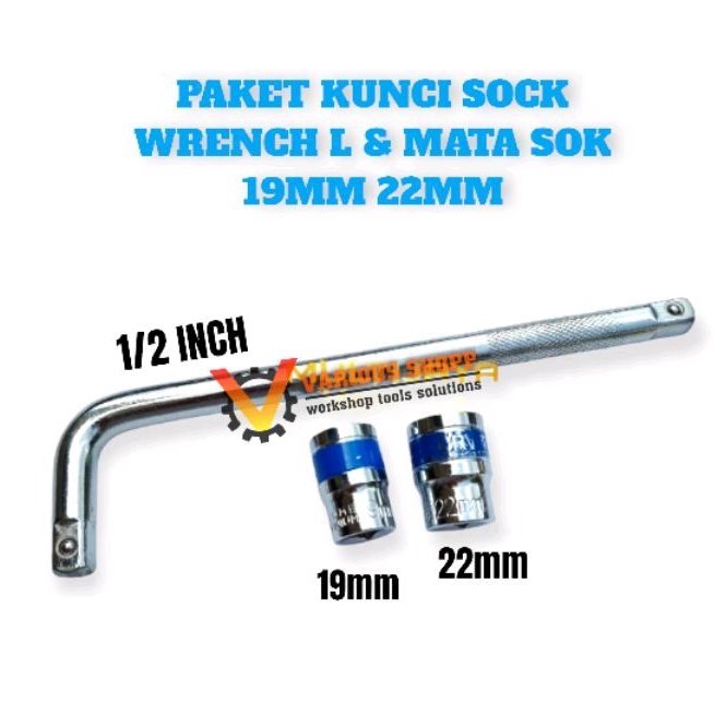 Paket Gagang Kunci Sock Sok 1/2 Inch + Mata Sock Shock 19mm 22mm Kunci Sock Wrench