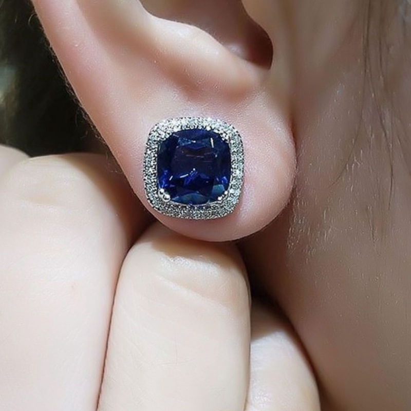 Anting Stud Cubic Zirconia Warna Biru Untuk Wanita