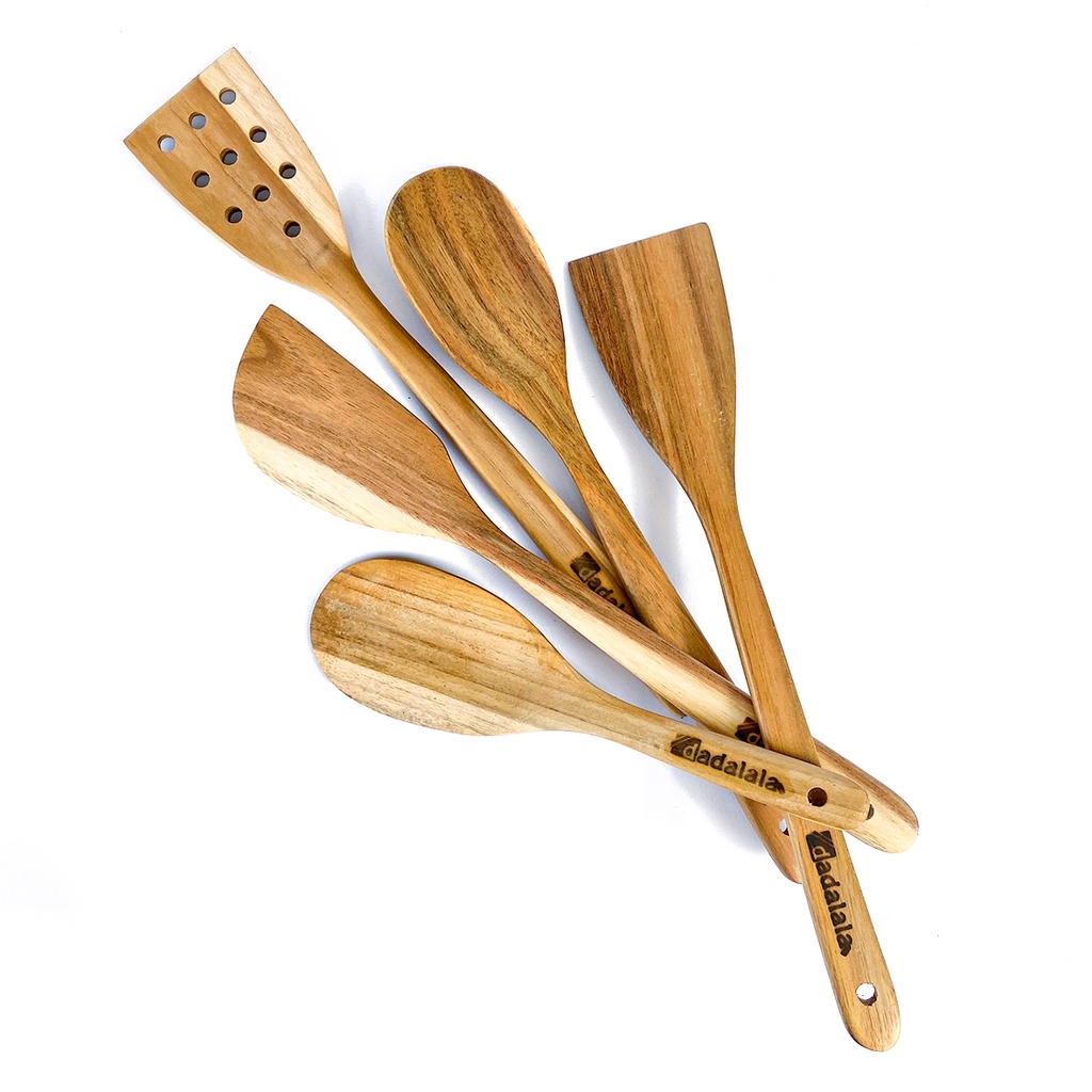 DADALALA Spatula Kayu Jati (1 Set 5 Pcs) Isi Sodet, Sendok Sayur, Centong Nasi dan Sutil Lubang