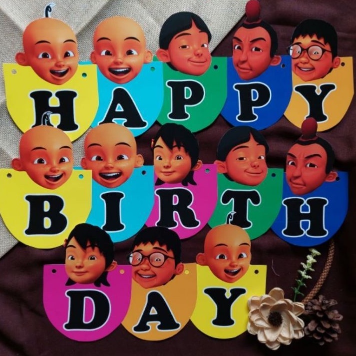 banner bunting garland flag tulisan happy birthday ulang tahun karakter upinipin upin ipin