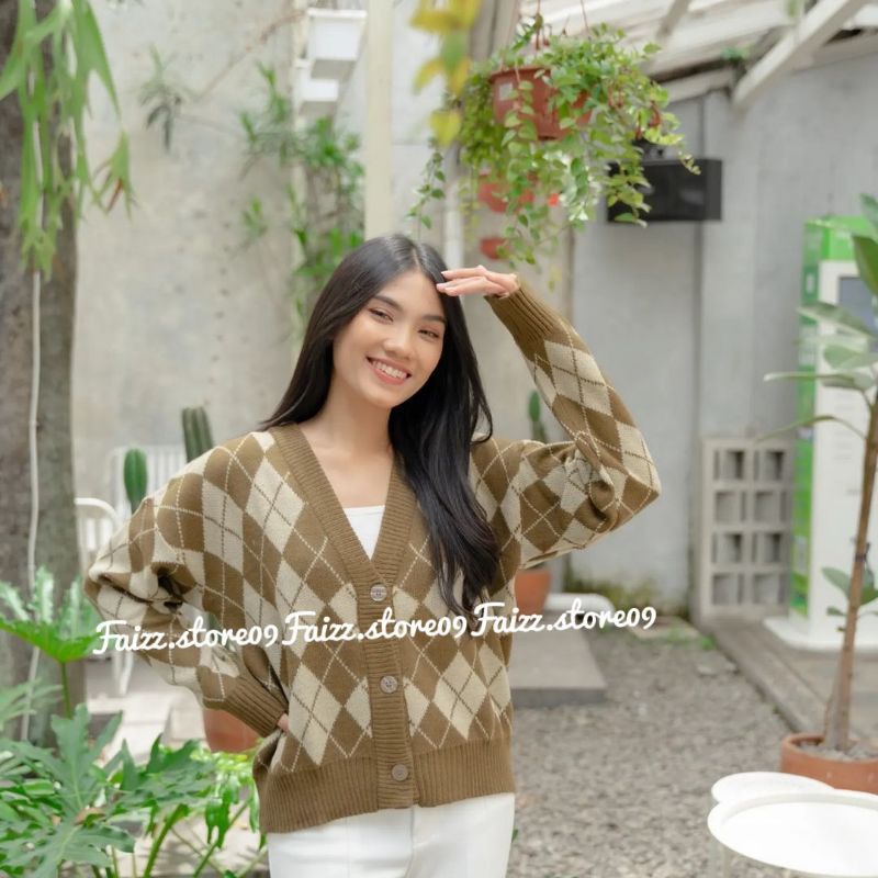 Cardigan  Rajut Motif ketupat Sweater Wanita Import/Kardigan Korea Knit Halus Motif