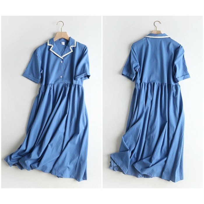 [baju wanita korea]  Long Dress Midi Kemeja Wanita Korea Import Biru Blue Orange