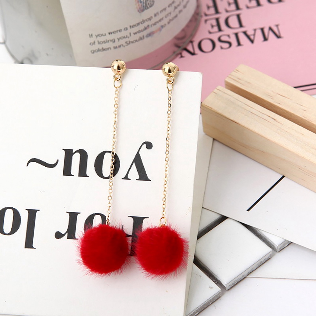 Hu Hu Hu Hu Hu Alat Bantu Pasang Kacamata♡ 1 Pasang Anting Panjang 5 Warna Aksen Bola Fluffy Untuk Wanita