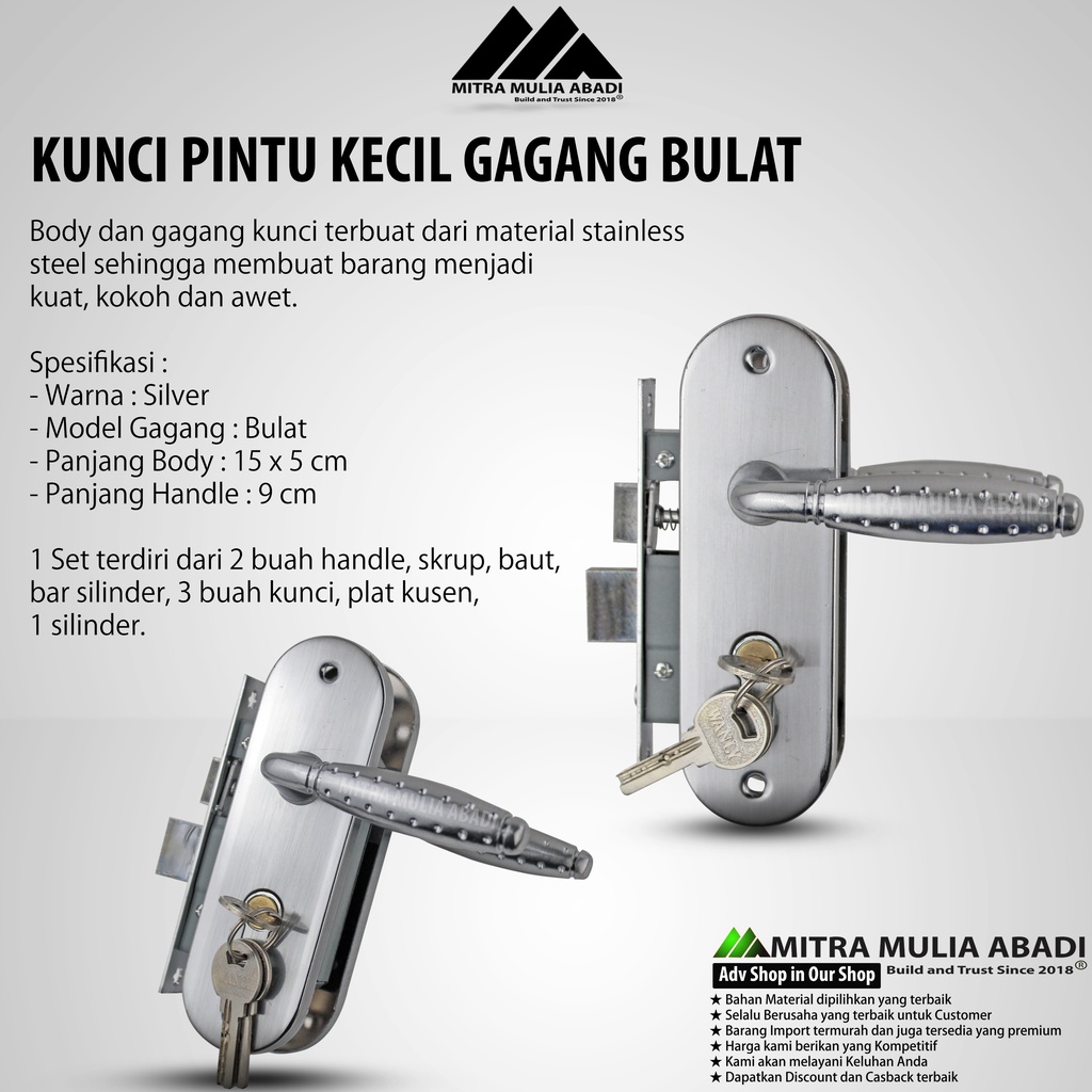 Kunci Pintu Kecil Silinder Premium l Gagang Bulat Rumah l Handle Rumah Full Set