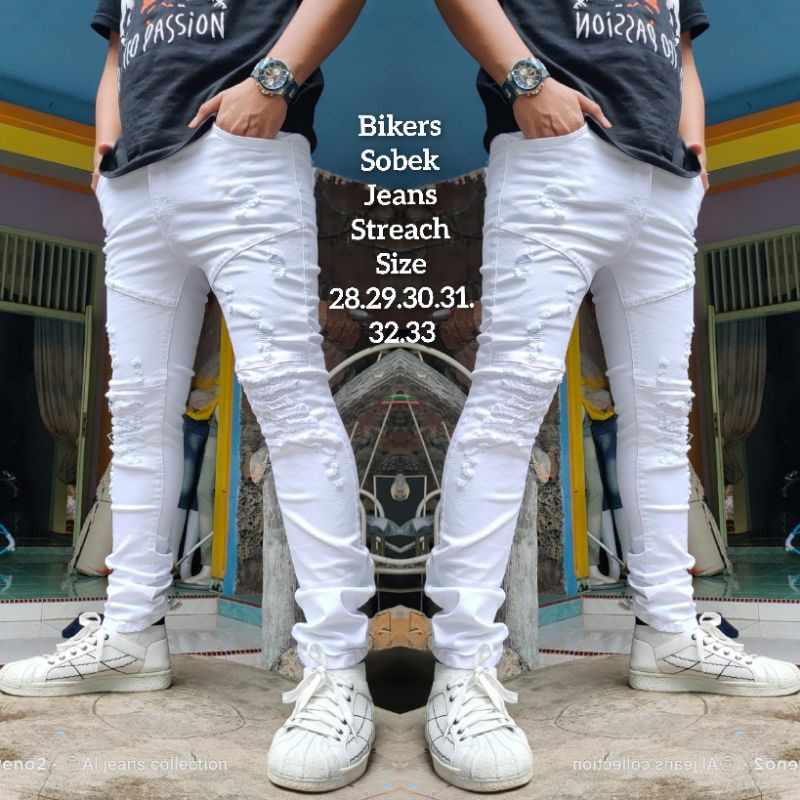 Celana Pria Jeans Ripped Sobek Jeans Bikers Putih