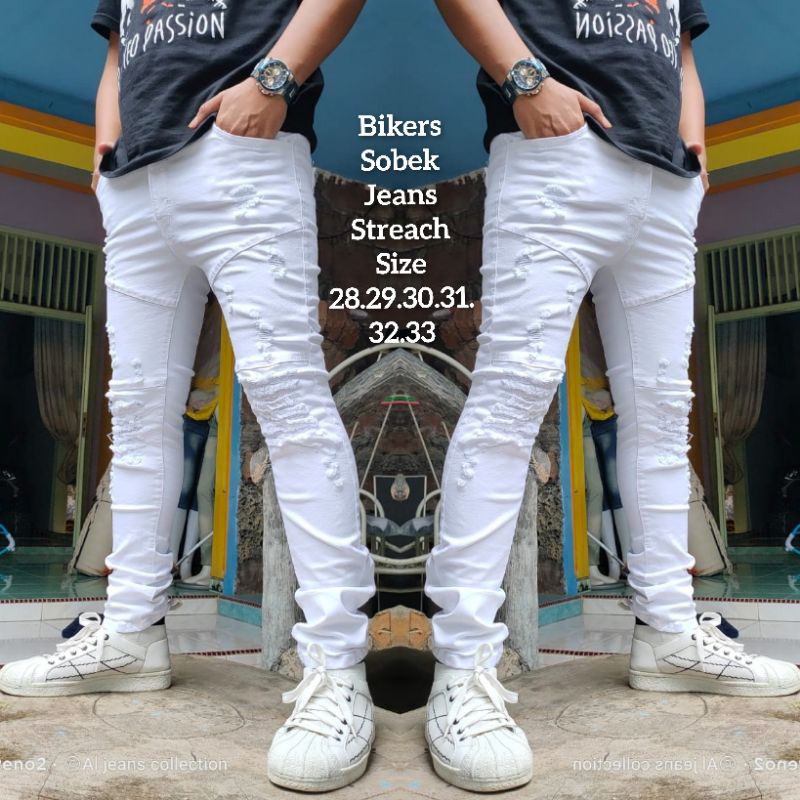 Celana Pria Jeans Ripped Sobek Jeans Bikers Putih