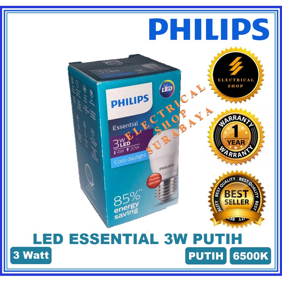 PHILIPS LAMPU LED ESSENTIAL 3W / 3 WATT PUTIH (GARANSI 1 TAHUN &amp; HARGA GROSIR) ESS BULB ORI MURAH