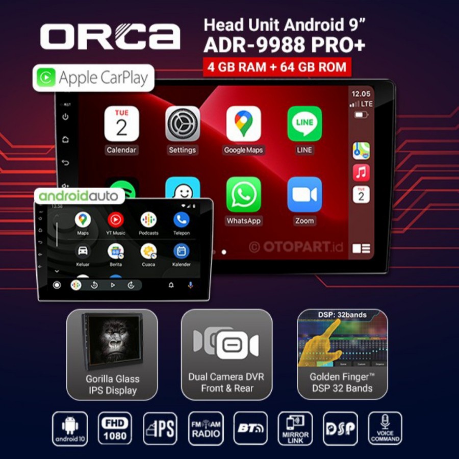 Head Unit Android Orca Auto CarPlay 9 Inch Orca ADR 9988 Pro+ Plus DVR