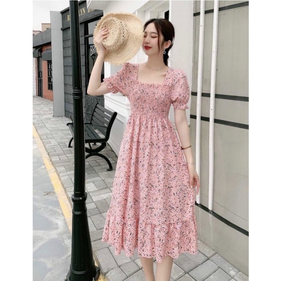 DRESS POLYESTER KOREAN LOOK BEACH DRESS MIDI KARET MOTIF FLOWER