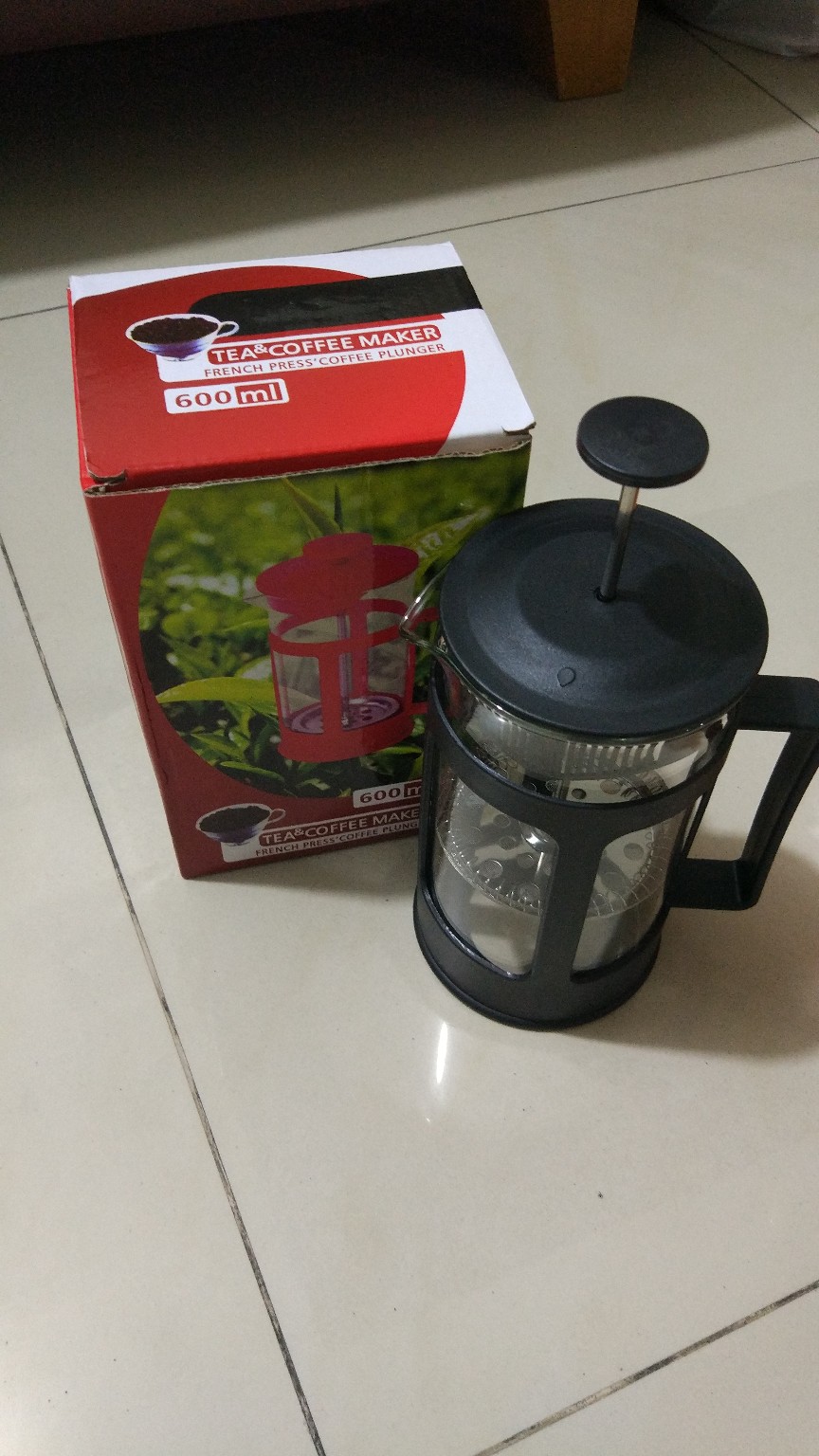 French Press Coffee Maker Pot Bean Pattern [hitam] [600ml]