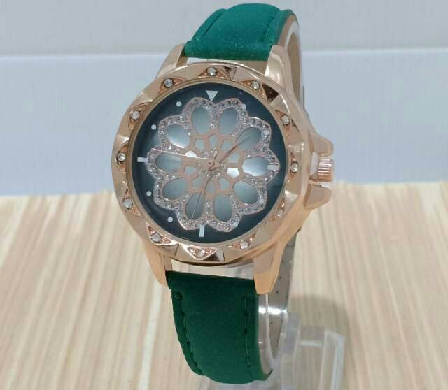 Jam Tangan Wanita Kulit Plat Bunga Diamond