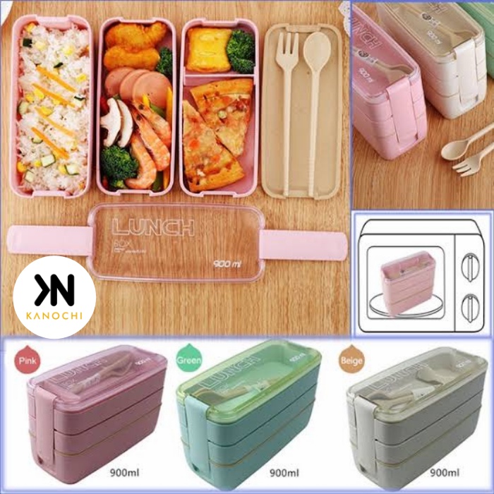 Lunch Box Kotak Makan Gandum Jerami 3 Susun Tingkat Sendok Set Bento