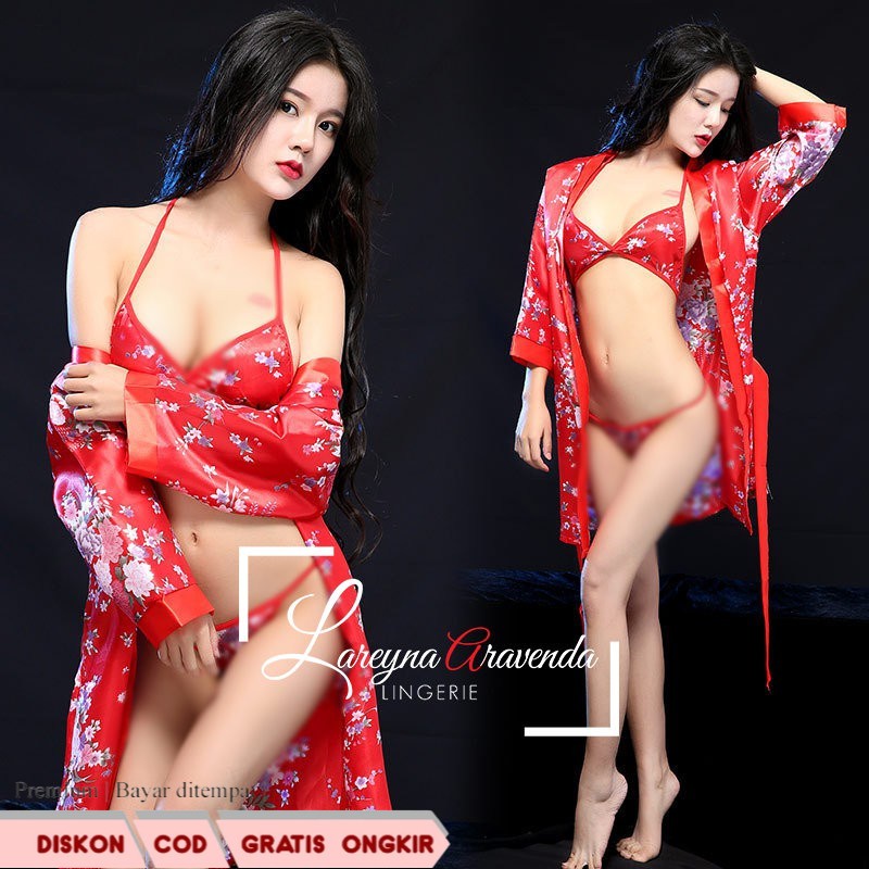 IP110 lry underwear Set Lingerie Sexy + G String + Bra Bahan Satin Jepang Model Kimono Sakura LG050