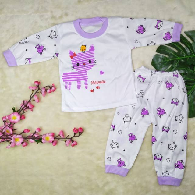 [Ss-8014] Setelan Baju Panjang Bayi size 0-12bulan / Piyama Bayi Gambar Miau / Baju Tidur Bayi