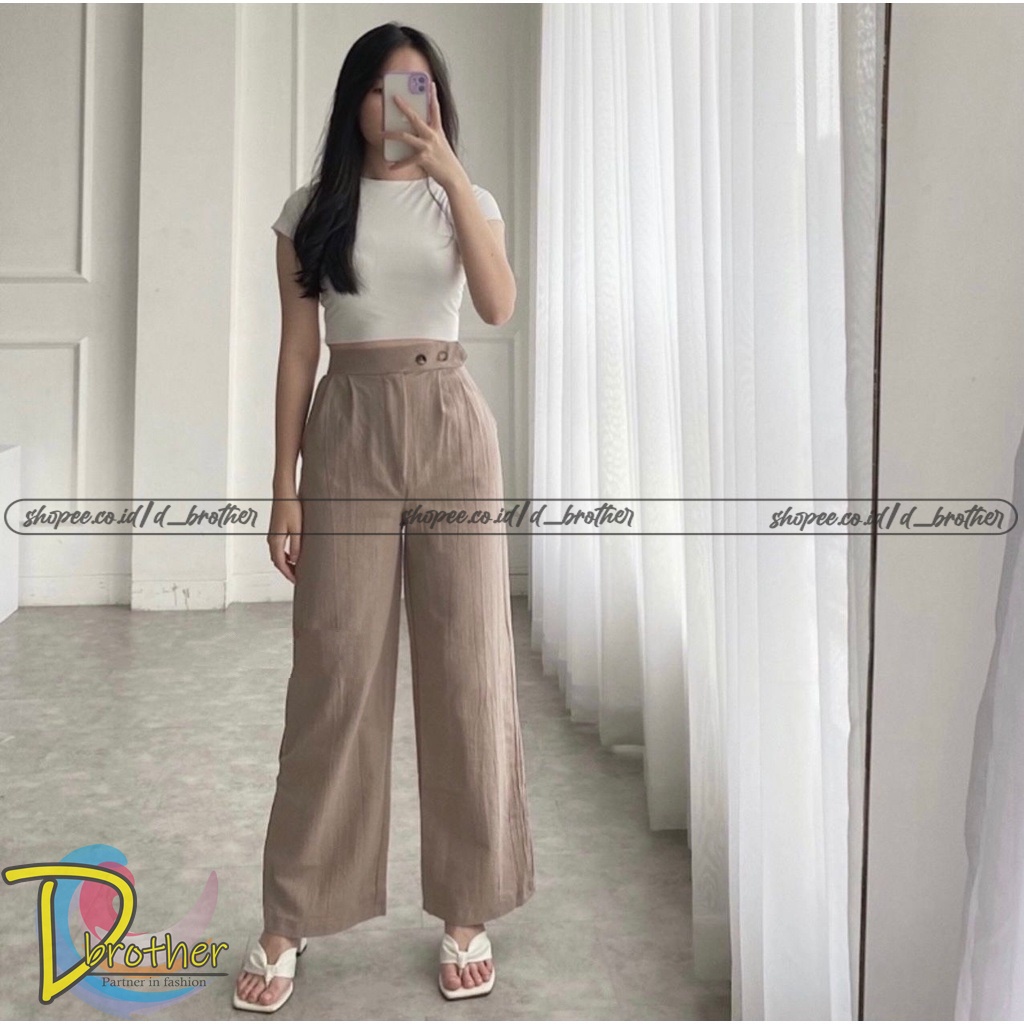 Celana Linen Highwaist VENYTA SIDE LINEN - Celana Linen Kancing 2 Samping