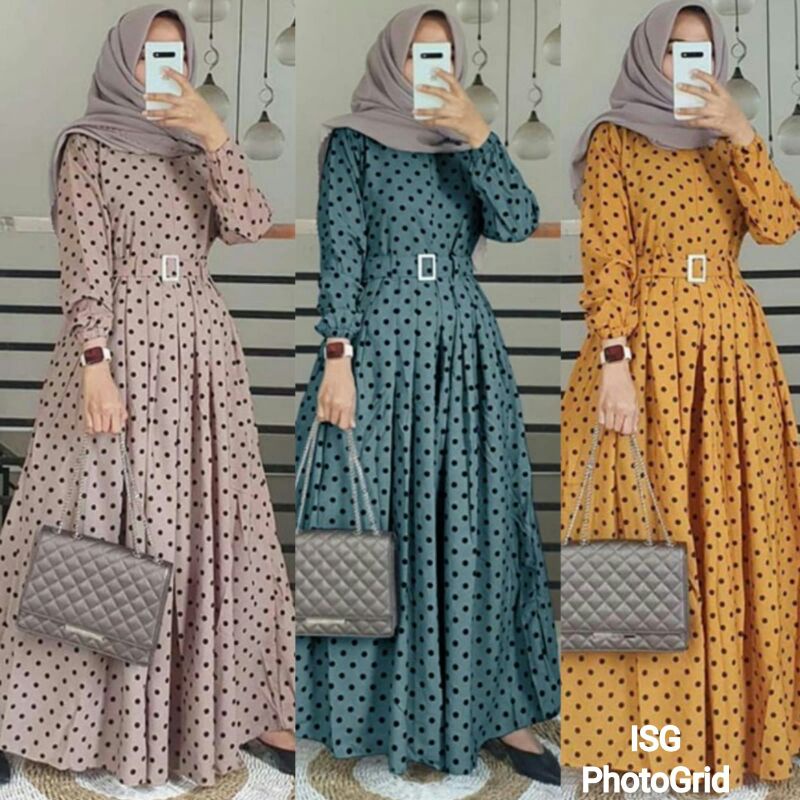 Terbaru Gamis maxy ania polkadot/fashion wanita muslim maxi dress motif monalisa model belt ikat pin