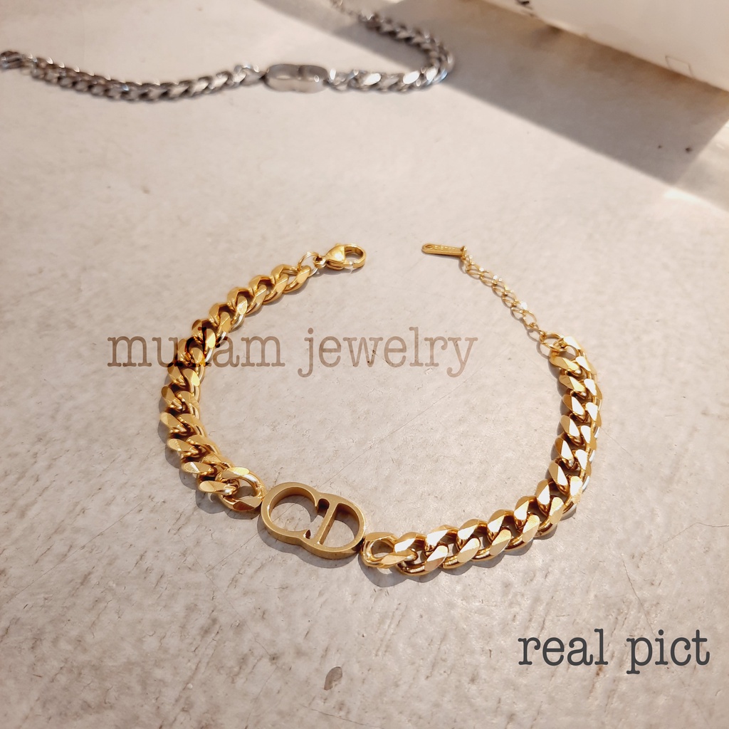 Gelang Tangan Rantai Lebar 0,8cm Titanium Model C. Di*r Tersedia Warna Rose Gold, Gold dan Silver