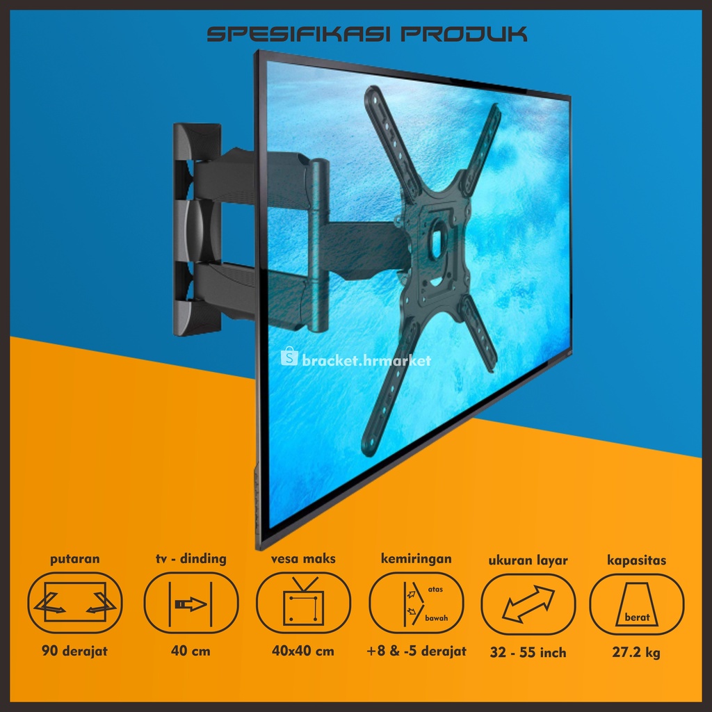 Bracket TV LED LCD 32 40 43 55 50 42 49 Inch Dijamin Cocok 32 - 55 In 6 Arah Universal Breket TV Briket TV Braket TV Gantungan TV Tembok Tempelan TV Dinding HR1 North Bayou P4