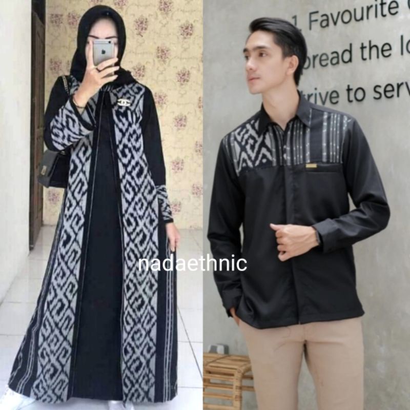 gamis couple tenun etnik muslim muslimah set baju seragam keluarga kondangan prewedding pesta kantor sarimbit dress tunik wanita ory motif sumba toraja ntb ntt jepara kemeja panjang pendek pria aurora outer kardigan