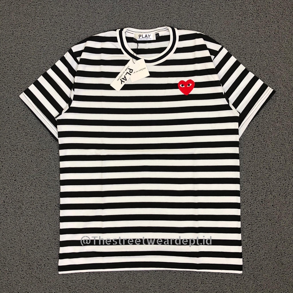Kaos T shirt Tee CDG Play Small Heart Stripe Hitam Putih