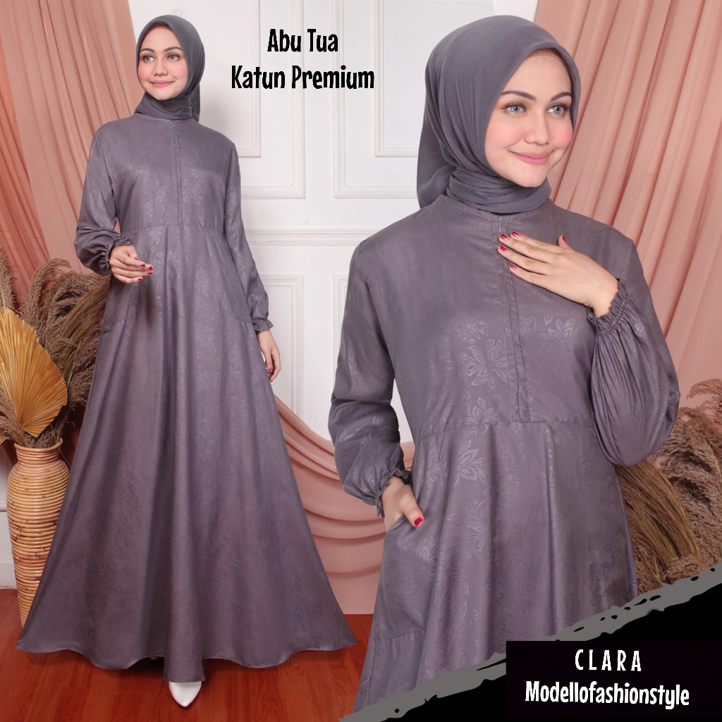 Clara - Gamis L / XL Jumbo Polos Emboss Busui Bahan Katun 100% Berkualitas Warna Abu Abu Tua Dark Gr