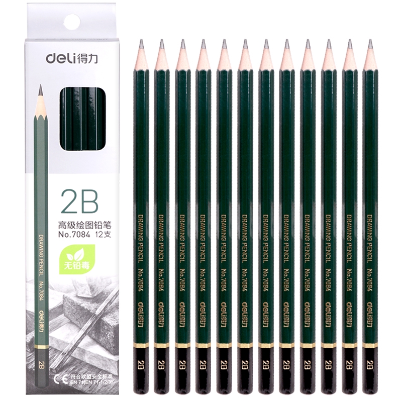 Deli Graphite Pencil 2B / Pensil Kayu 2B 12pcs/Box Hitam Pekat Desain Warna Hijau 7084