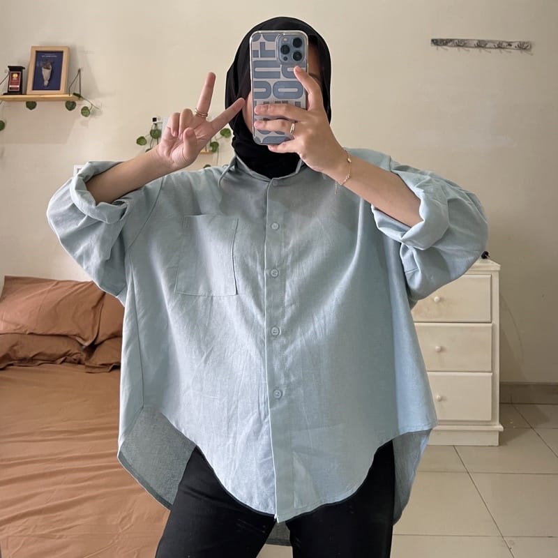 BEFAST - ZEC OOTD Wanita Blouse DAVID / Kemeja Oversize LINEN Shirt Pocket Kantong / Kemeja Jumbo Wanita / Kemeja Casual / Fashion Wanita Kerja / Kem Polos Formal / Terbaru 2022 / Terlaris