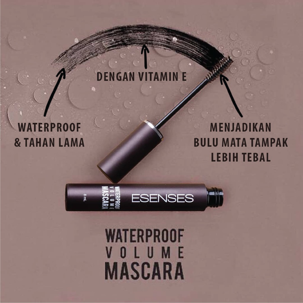 ESENSES Waterproof Volume Mascara 8ml [ Longlasting ,Vitamin E Dan Ujung Sikat yang halus ]